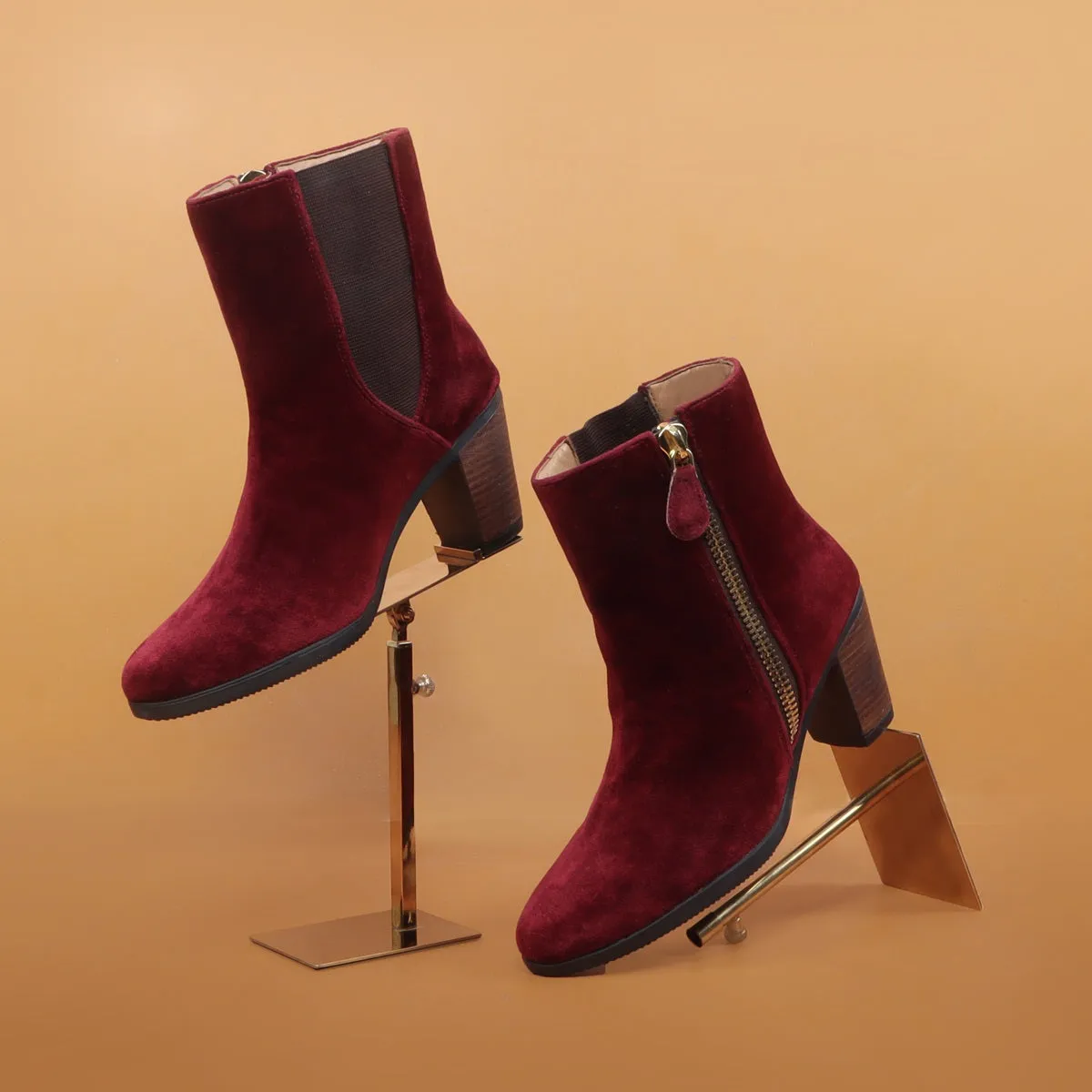 Ladies Ankle Boot with Wine Suede Leather
