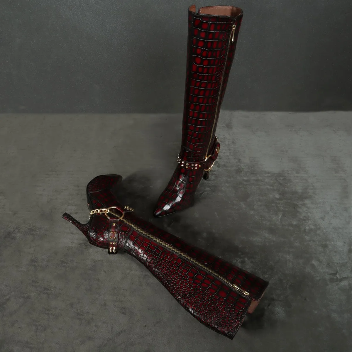 Ladies Stiletto Pencil Heel Boots Smokey Wine Pointed Toe Both Side Zip Closure Removable Studded Buckle Strap by Brune & Bareskin