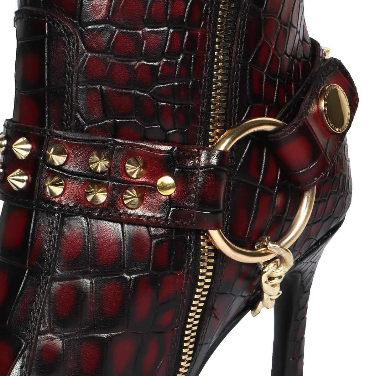 Ladies Stiletto Pencil Heel Boots Smokey Wine Pointed Toe Both Side Zip Closure Removable Studded Buckle Strap by Brune & Bareskin