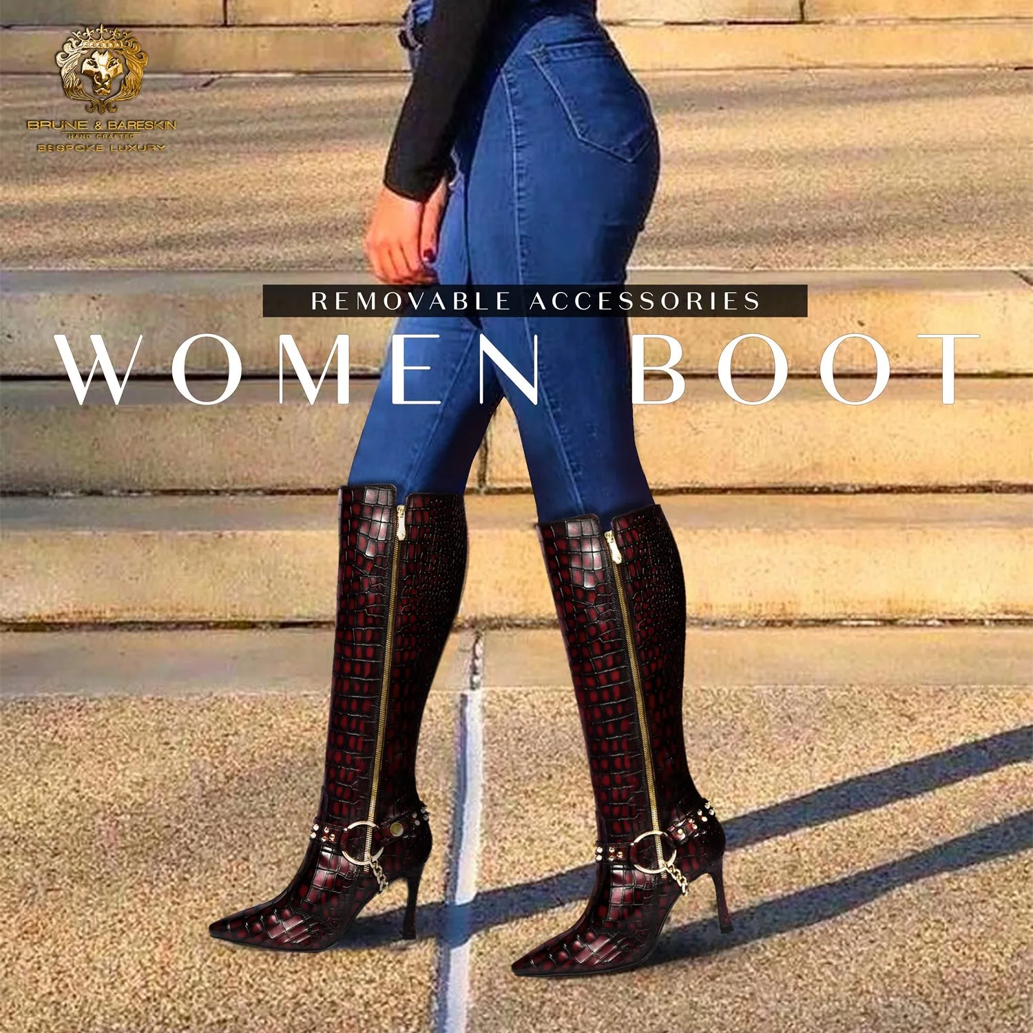 Ladies Stiletto Pencil Heel Boots Smokey Wine Pointed Toe Both Side Zip Closure Removable Studded Buckle Strap by Brune & Bareskin
