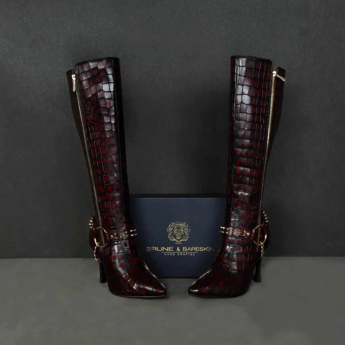 Ladies Stiletto Pencil Heel Boots Smokey Wine Pointed Toe Both Side Zip Closure Removable Studded Buckle Strap by Brune & Bareskin
