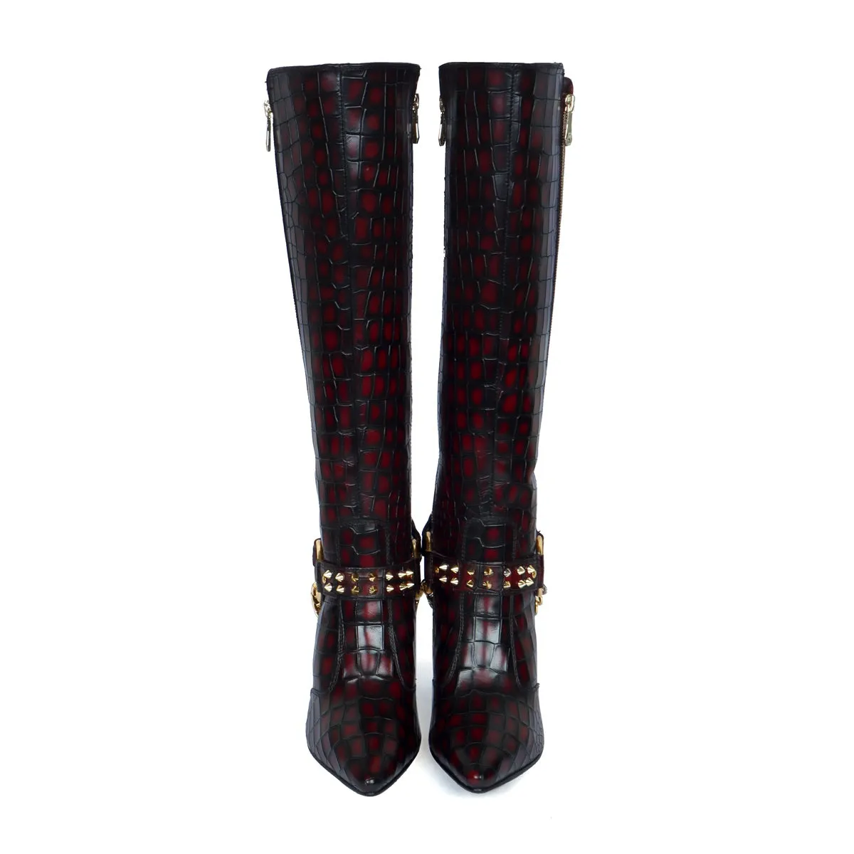 Ladies Stiletto Pencil Heel Boots Smokey Wine Pointed Toe Both Side Zip Closure Removable Studded Buckle Strap by Brune & Bareskin