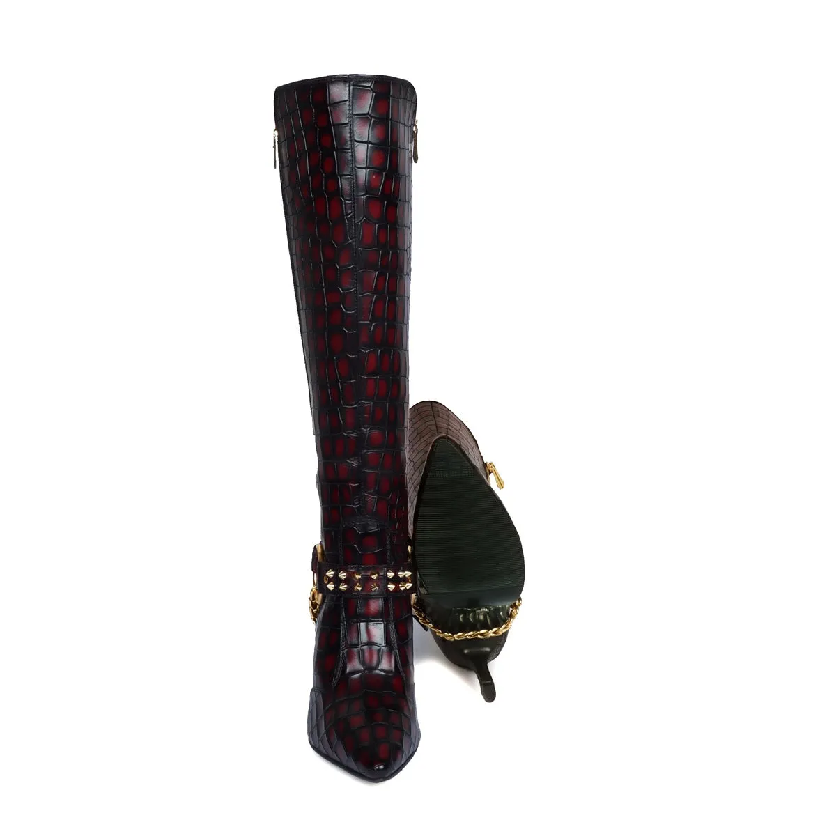 Ladies Stiletto Pencil Heel Boots Smokey Wine Pointed Toe Both Side Zip Closure Removable Studded Buckle Strap by Brune & Bareskin