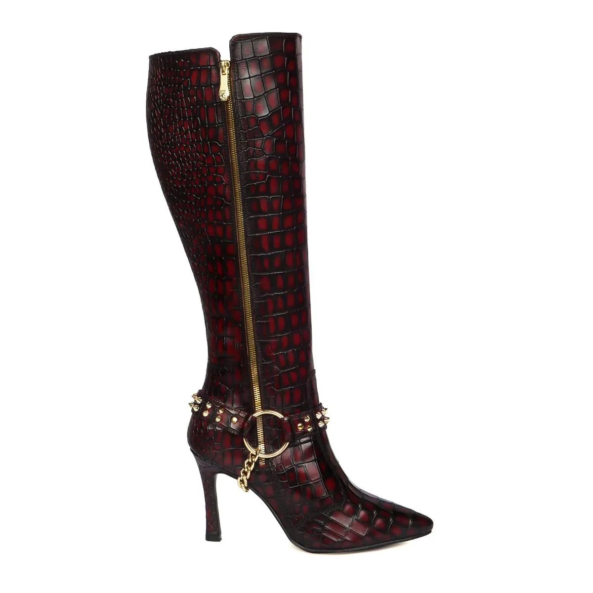 Ladies Stiletto Pencil Heel Boots Smokey Wine Pointed Toe Both Side Zip Closure Removable Studded Buckle Strap by Brune & Bareskin