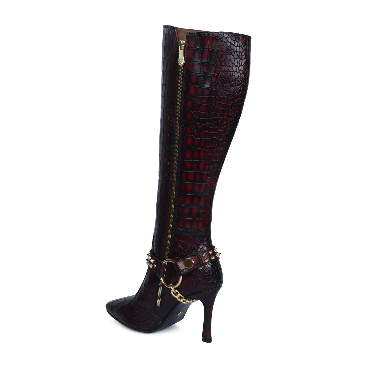 Ladies Stiletto Pencil Heel Boots Smokey Wine Pointed Toe Both Side Zip Closure Removable Studded Buckle Strap by Brune & Bareskin