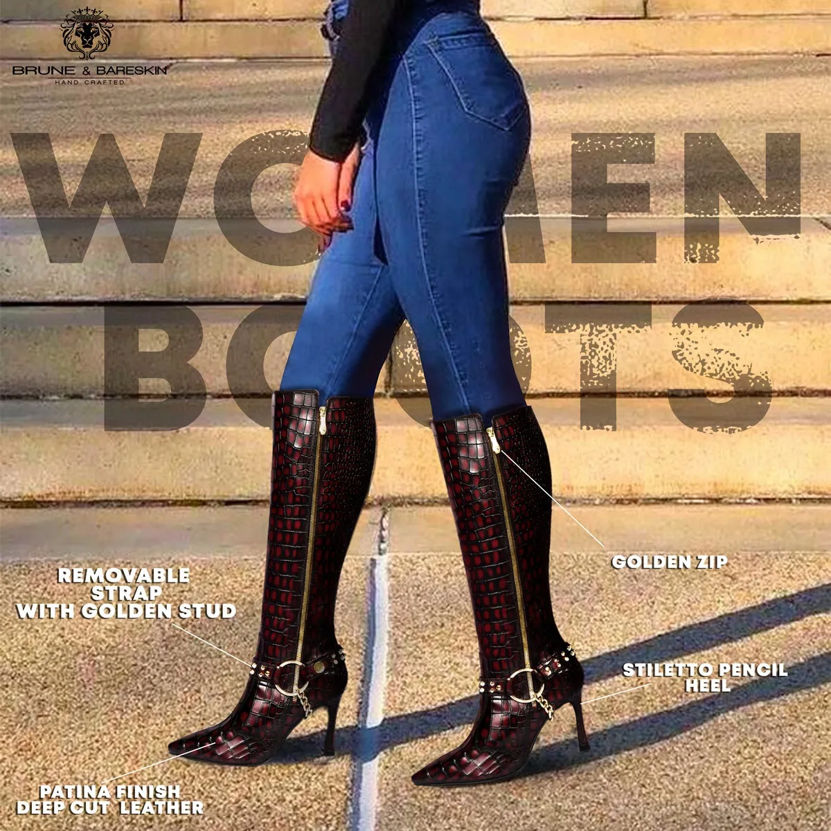 Ladies Stiletto Pencil Heel Boots Smokey Wine Pointed Toe Both Side Zip Closure Removable Studded Buckle Strap by Brune & Bareskin