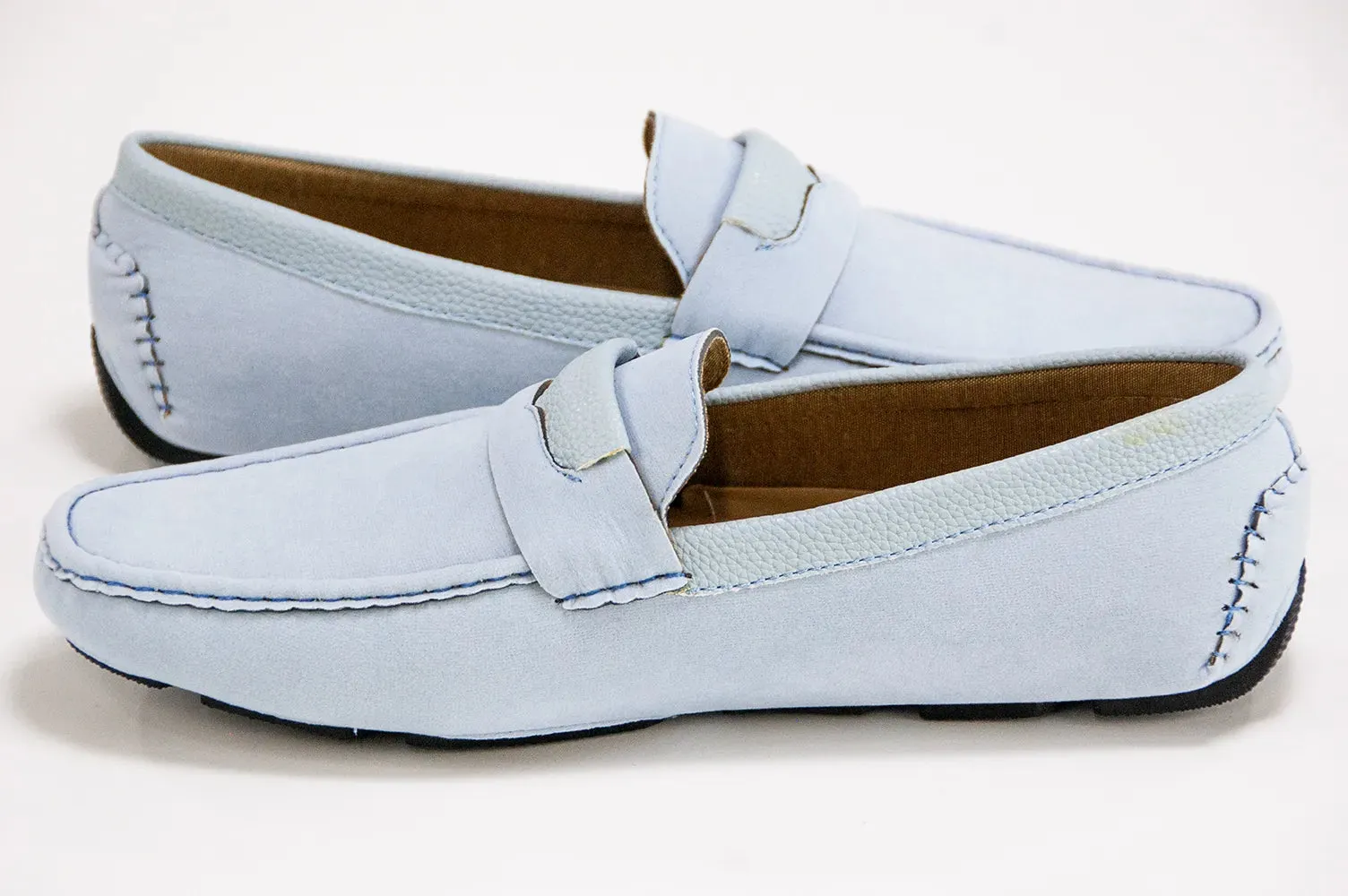 Light Blue Velvet Driver Loafers With Leather Topline