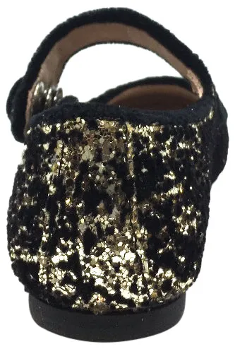 Manuela de Juan Girl's Ariana Gold Glitter & Velvet Leather Classic Mary Jane Flats with Velvet Trim