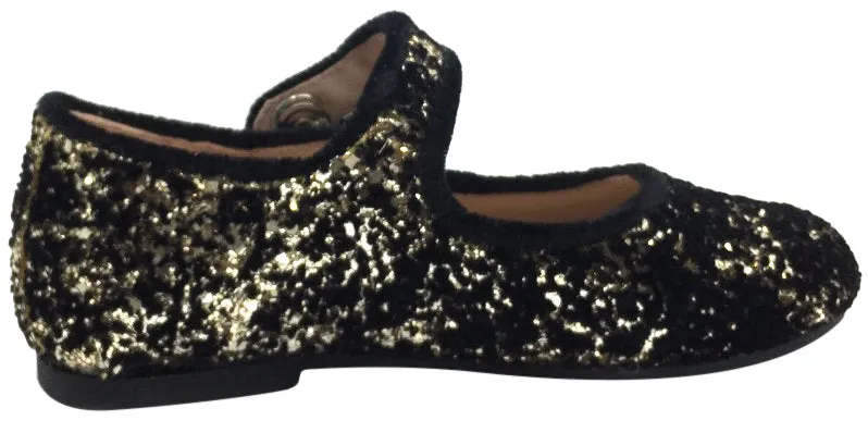 Manuela de Juan Girl's Ariana Gold Glitter & Velvet Leather Classic Mary Jane Flats with Velvet Trim