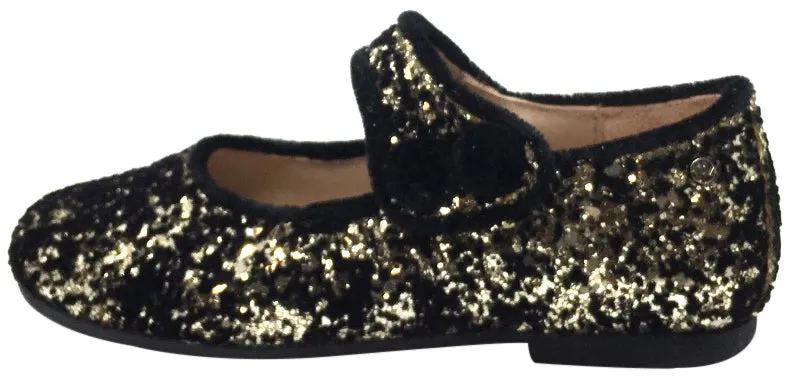 Manuela de Juan Girl's Ariana Gold Glitter & Velvet Leather Classic Mary Jane Flats with Velvet Trim