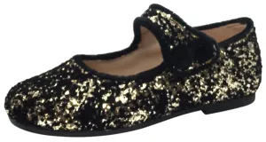 Manuela de Juan Girl's Ariana Gold Glitter & Velvet Leather Classic Mary Jane Flats with Velvet Trim