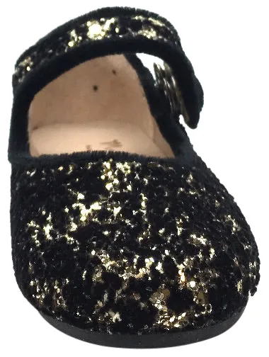 Manuela de Juan Girl's Ariana Gold Glitter & Velvet Leather Classic Mary Jane Flats with Velvet Trim