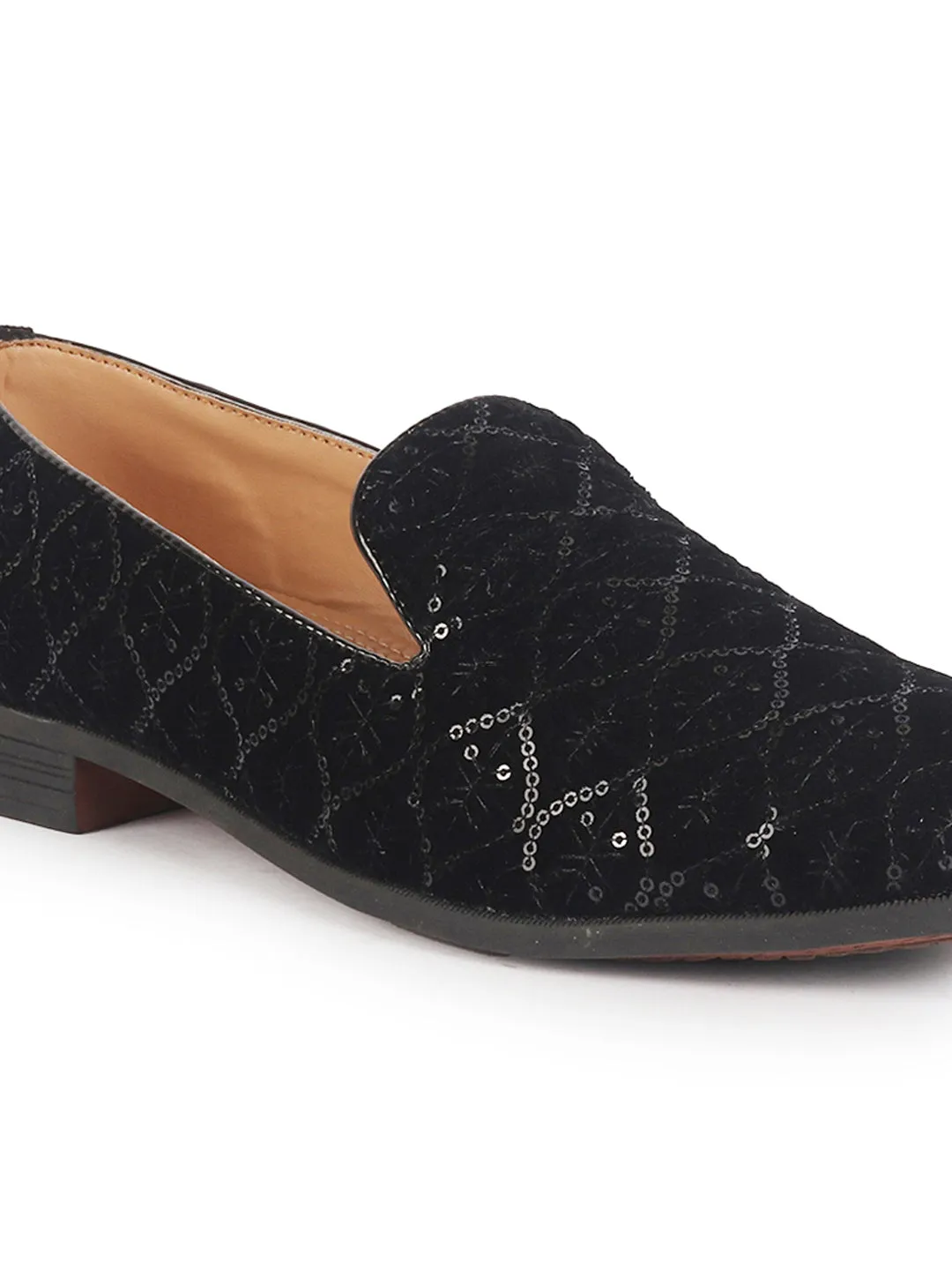 Men Black Ethnic Velvet Sequin Embroidered Round Toe Juttis and Mojaris for Wedding|Festive Slip-On For Kurtas|Traditional Sherwani Shoes|Prom Slip On Shoes