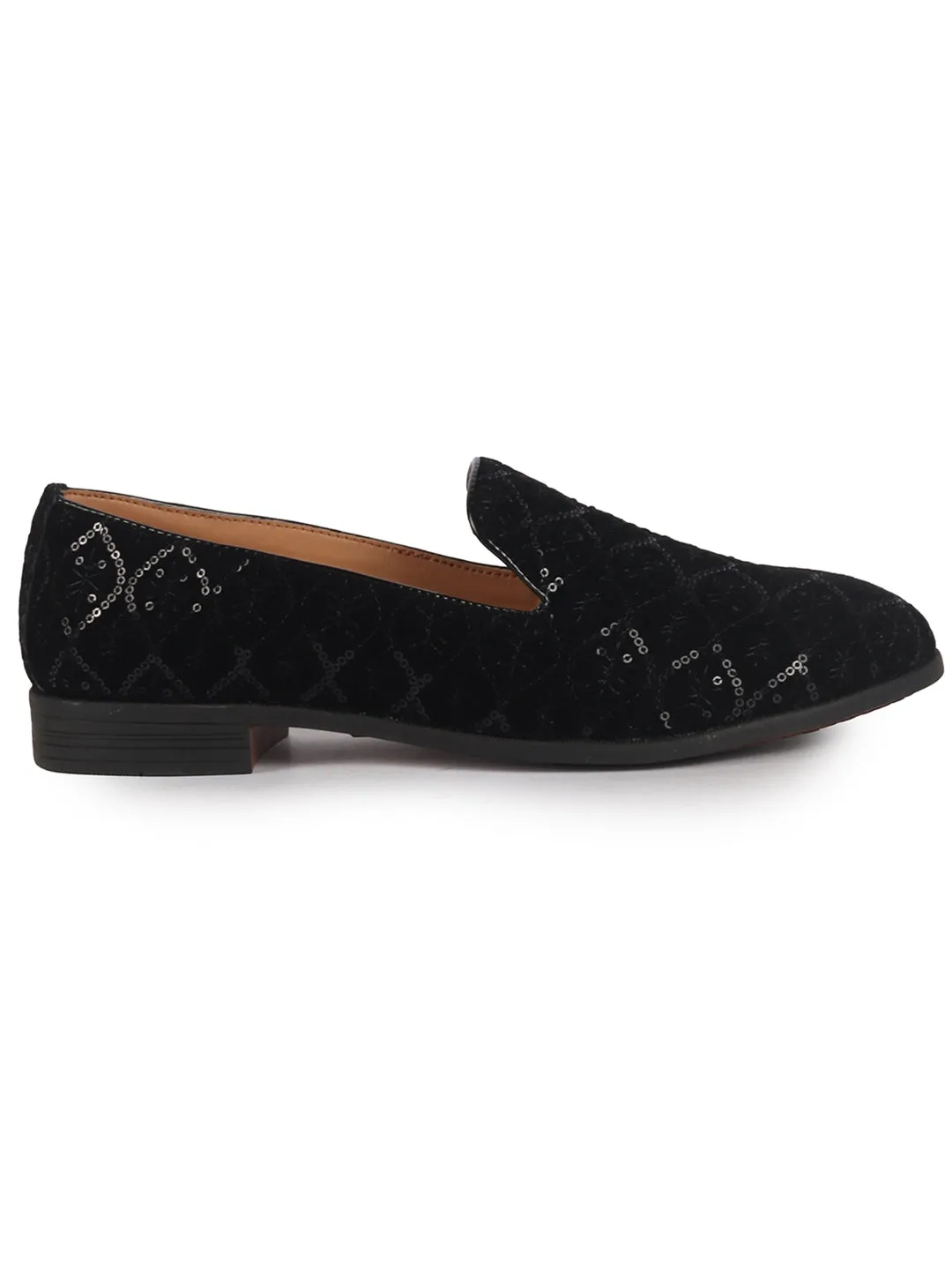 Men Black Ethnic Velvet Sequin Embroidered Round Toe Juttis and Mojaris for Wedding|Festive Slip-On For Kurtas|Traditional Sherwani Shoes|Prom Slip On Shoes