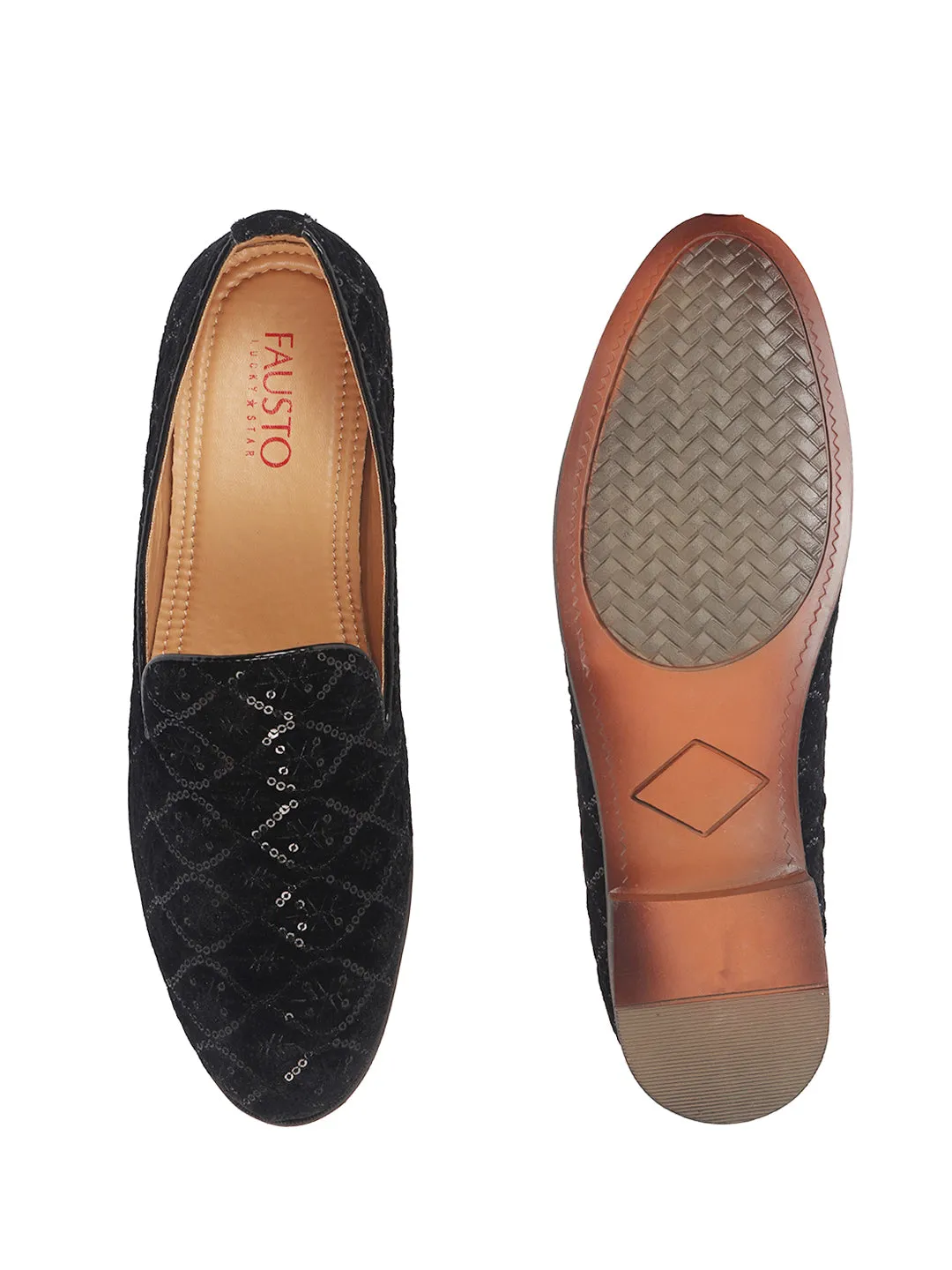 Men Black Ethnic Velvet Sequin Embroidered Round Toe Juttis and Mojaris for Wedding|Festive Slip-On For Kurtas|Traditional Sherwani Shoes|Prom Slip On Shoes