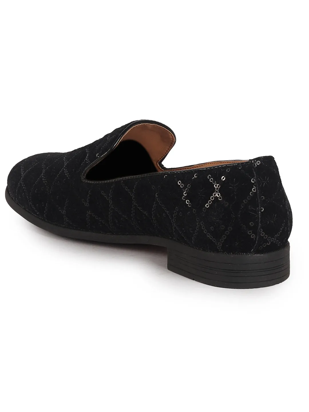 Men Black Ethnic Velvet Sequin Embroidered Round Toe Juttis and Mojaris for Wedding|Festive Slip-On For Kurtas|Traditional Sherwani Shoes|Prom Slip On Shoes