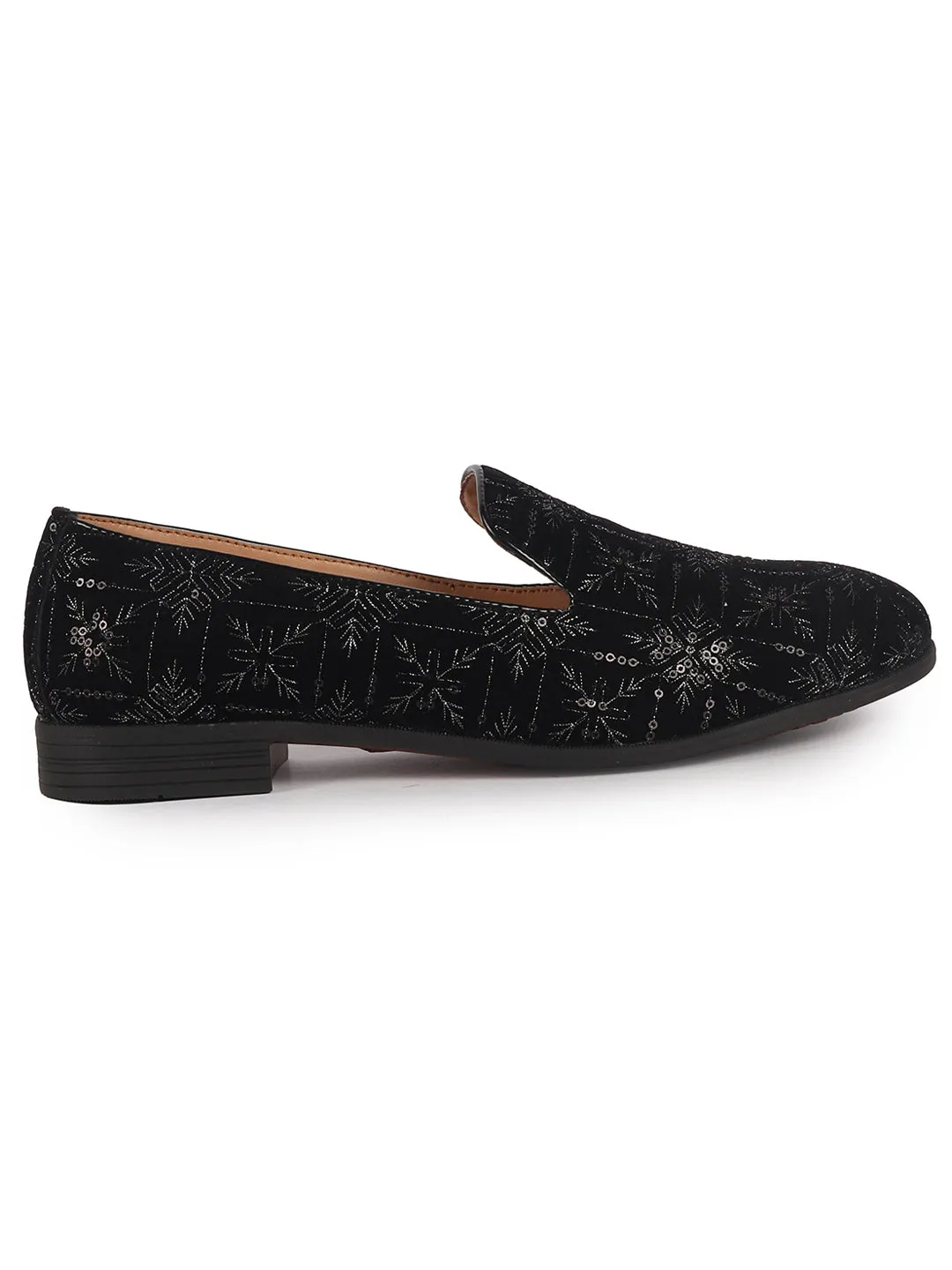 Men Black Ethnic Velvet Sequin Embroidered Slip On Juttis and Mojaris for Wedding|Party Slip-On|Traditional Kurtas Shoes|Prom Slip On Shoes