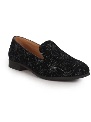 Men Black Ethnic Velvet Sequin Embroidered Slip On Juttis and Mojaris for Wedding|Party Slip-On|Traditional Kurtas Shoes|Prom Slip On Shoes