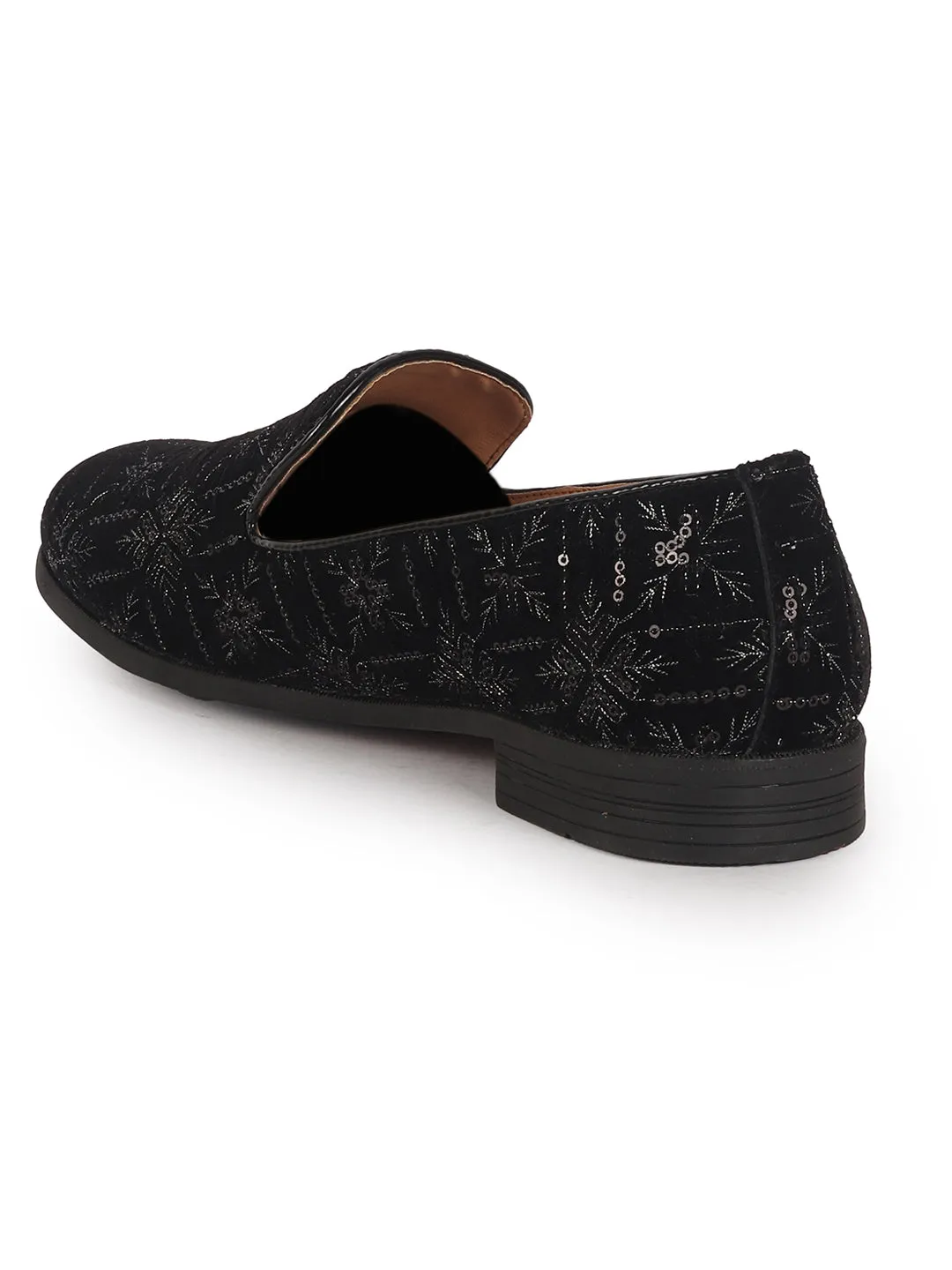 Men Black Ethnic Velvet Sequin Embroidered Slip On Juttis and Mojaris for Wedding|Party Slip-On|Traditional Kurtas Shoes|Prom Slip On Shoes