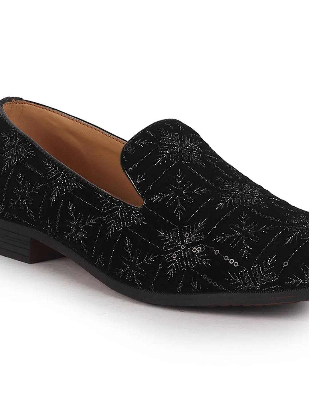 Men Black Ethnic Velvet Sequin Embroidered Slip On Juttis and Mojaris for Wedding|Party Slip-On|Traditional Kurtas Shoes|Prom Slip On Shoes
