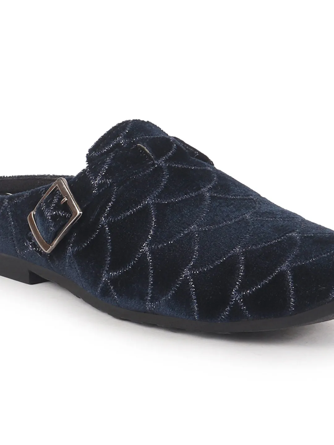 Men Blue Back Open Velvet Ethnic Kurta Shoes Mojaris with Side Adjustable Strap|Festive Shoes Slip On