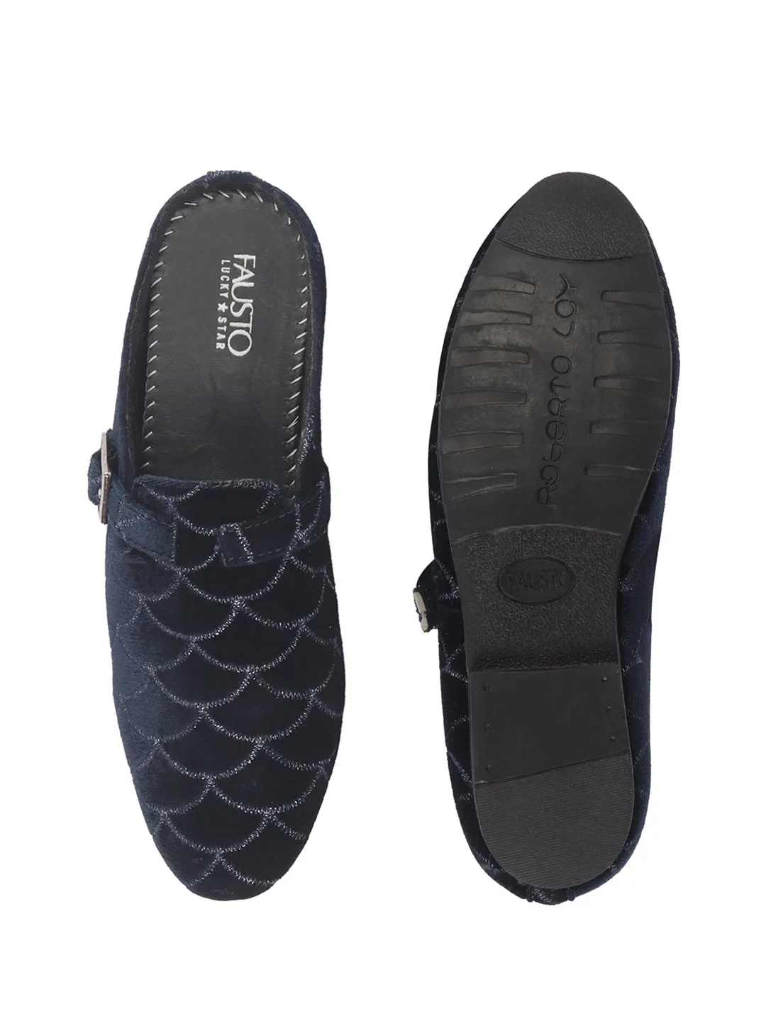 Men Blue Back Open Velvet Ethnic Kurta Shoes Mojaris with Side Adjustable Strap|Festive Shoes Slip On