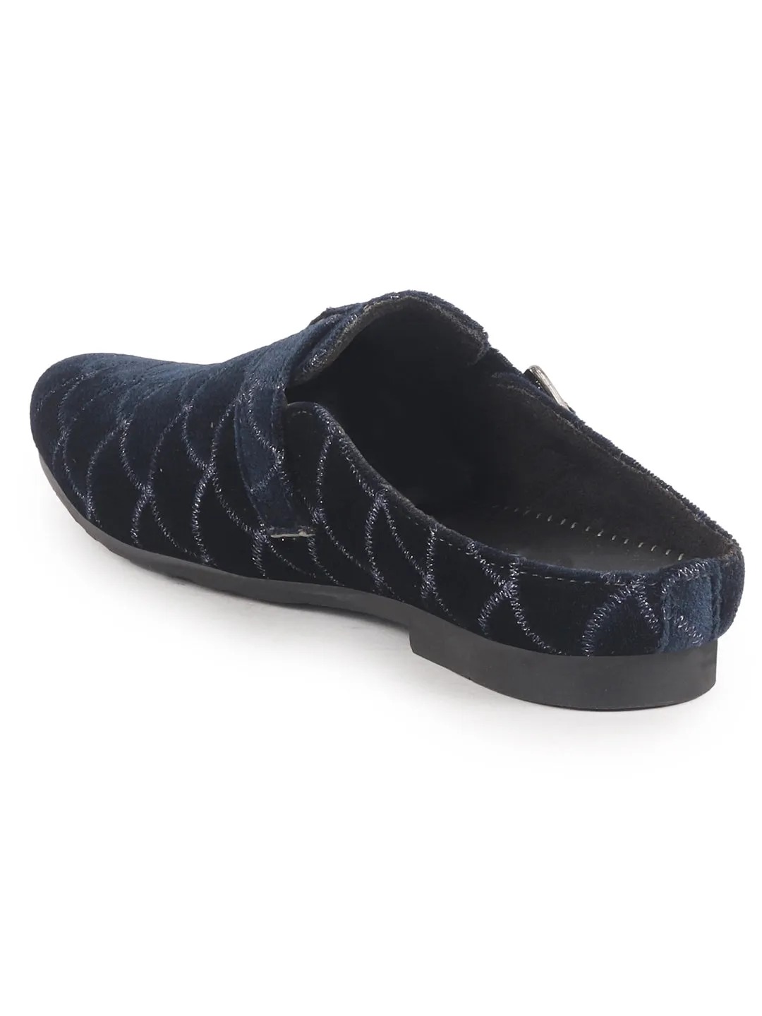 Men Blue Back Open Velvet Ethnic Kurta Shoes Mojaris with Side Adjustable Strap|Festive Shoes Slip On