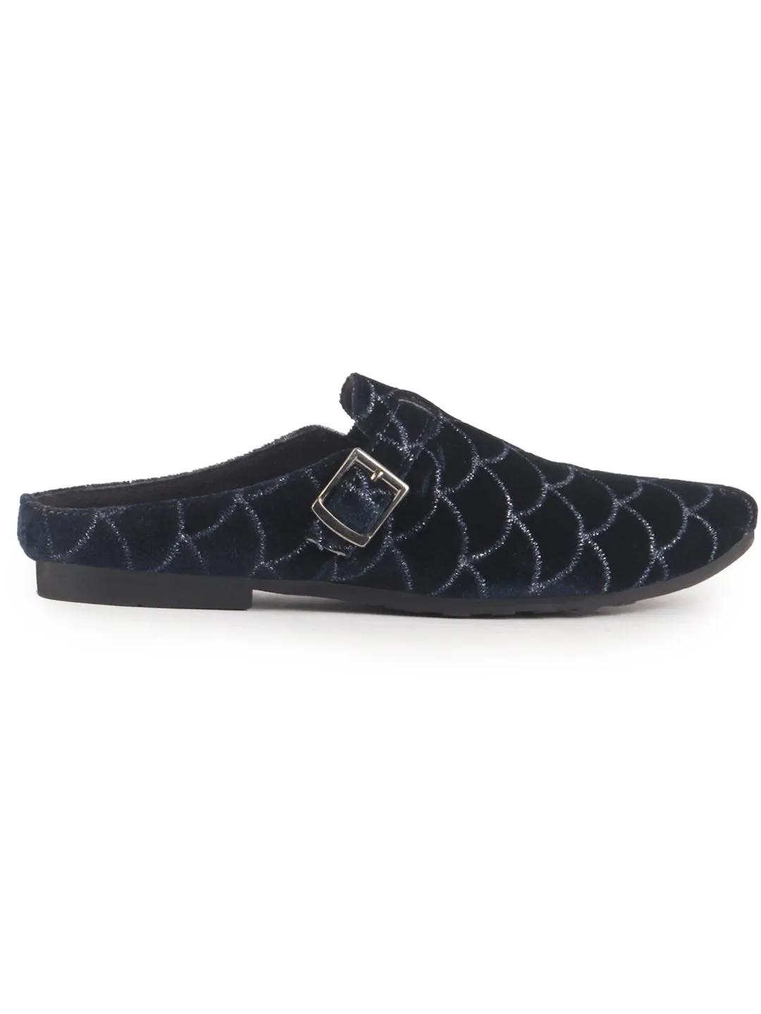Men Blue Back Open Velvet Ethnic Kurta Shoes Mojaris with Side Adjustable Strap|Festive Shoes Slip On