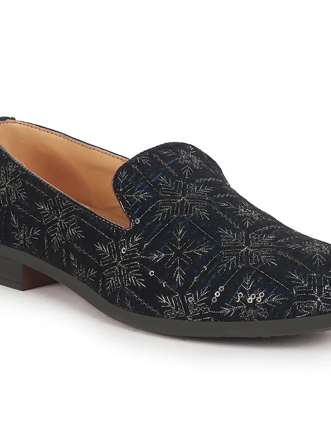 Men Blue Ethnic Velvet Sequin Embroidered Prom Slip On Juttis and Mojaris for Wedding|Party Slip-On|Traditional Kurtas Shoes|Festive Slip On Shoes