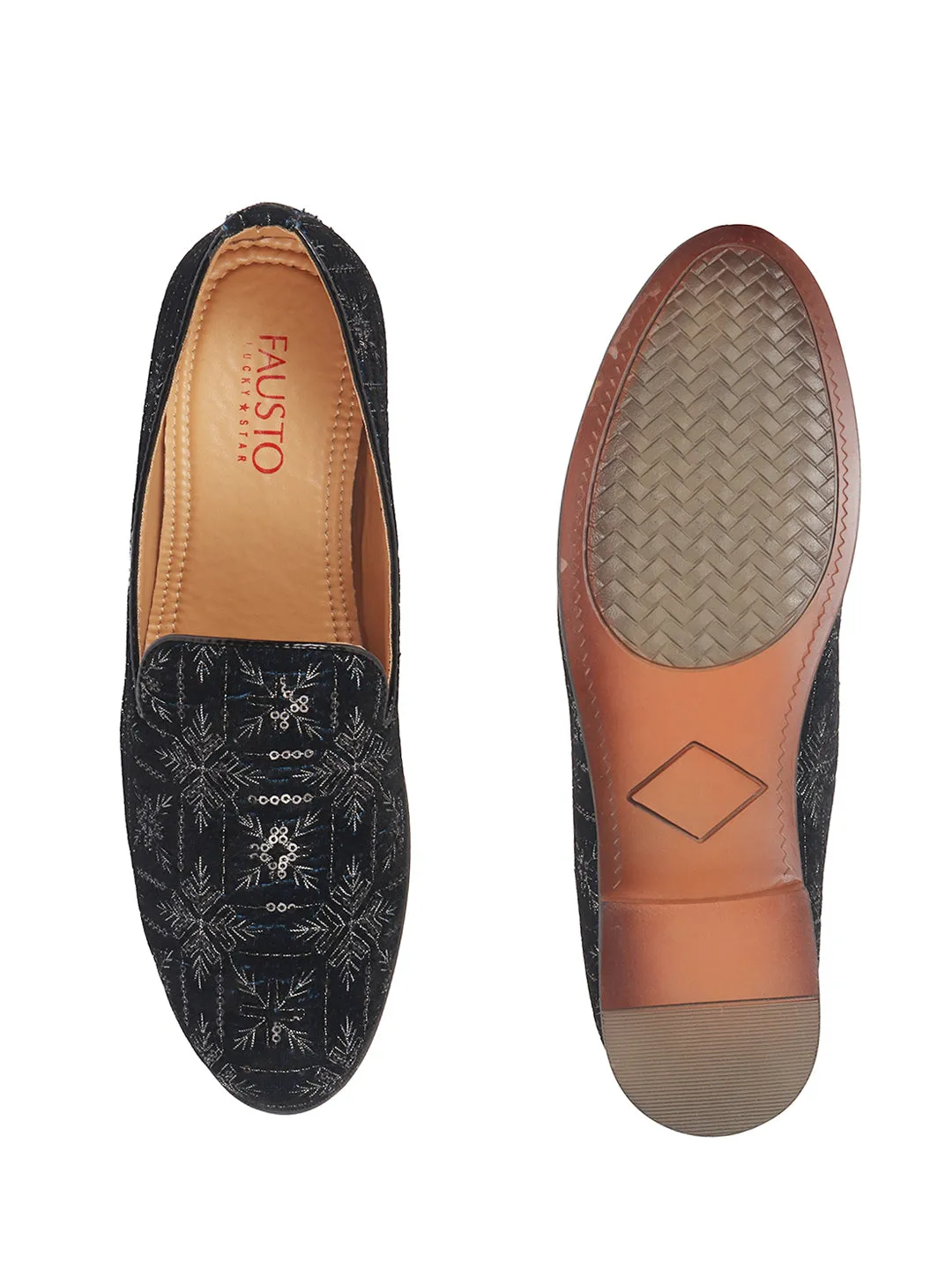 Men Blue Ethnic Velvet Sequin Embroidered Prom Slip On Juttis and Mojaris for Wedding|Party Slip-On|Traditional Kurtas Shoes|Festive Slip On Shoes