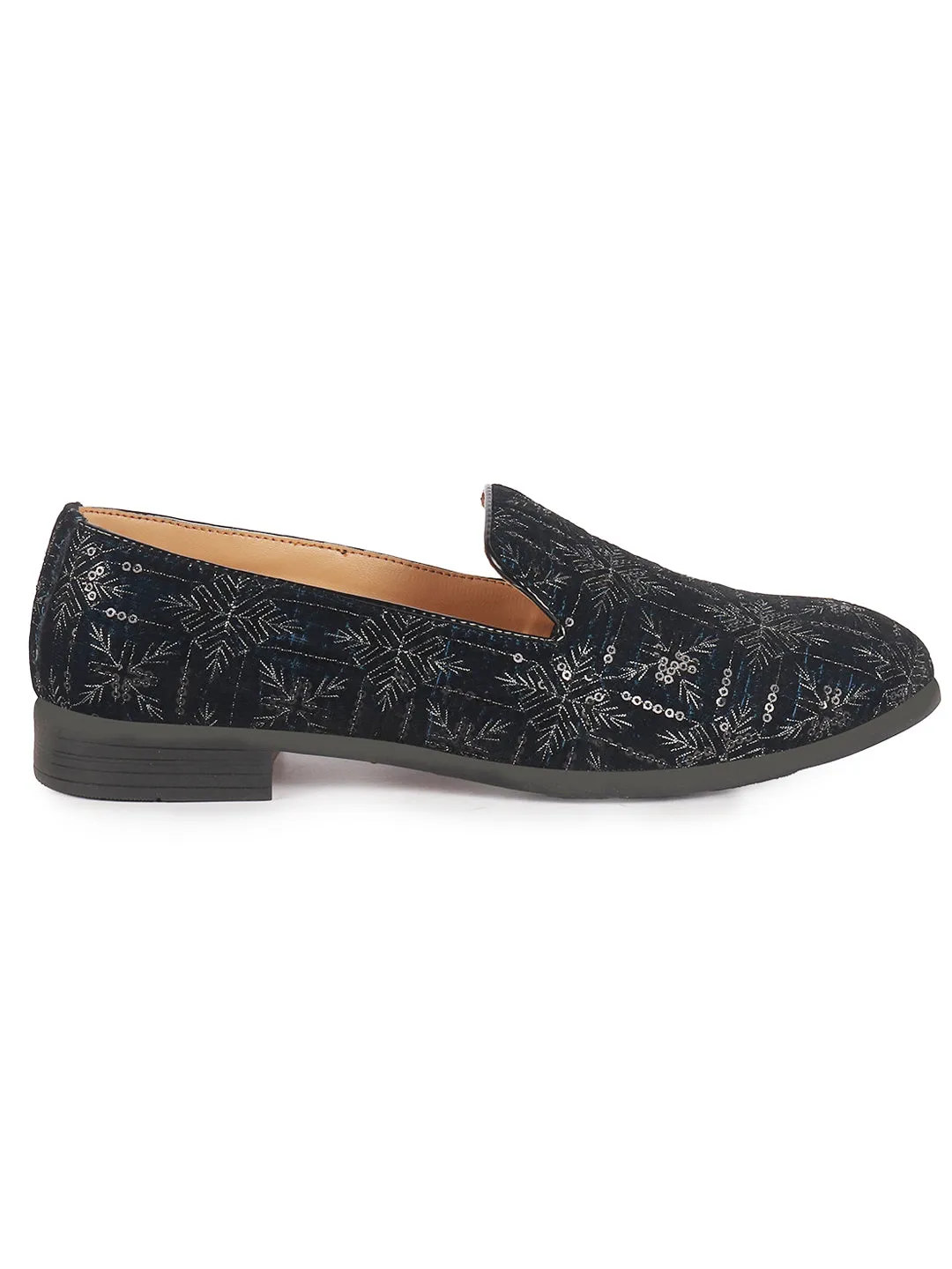 Men Blue Ethnic Velvet Sequin Embroidered Prom Slip On Juttis and Mojaris for Wedding|Party Slip-On|Traditional Kurtas Shoes|Festive Slip On Shoes