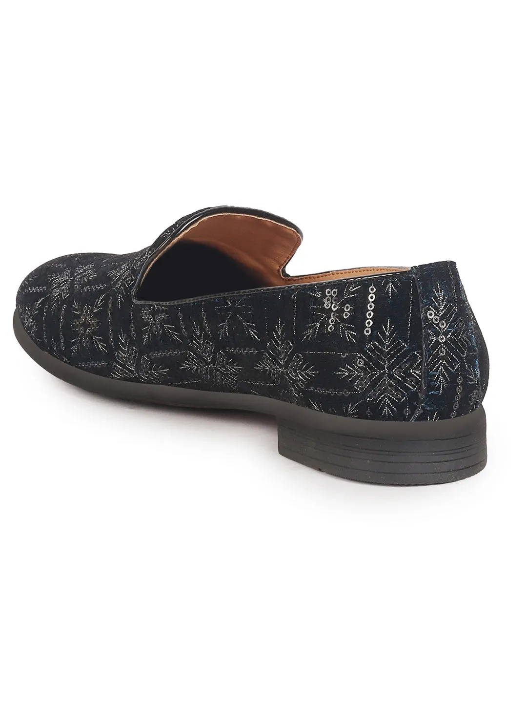 Men Blue Ethnic Velvet Sequin Embroidered Prom Slip On Juttis and Mojaris for Wedding|Party Slip-On|Traditional Kurtas Shoes|Festive Slip On Shoes