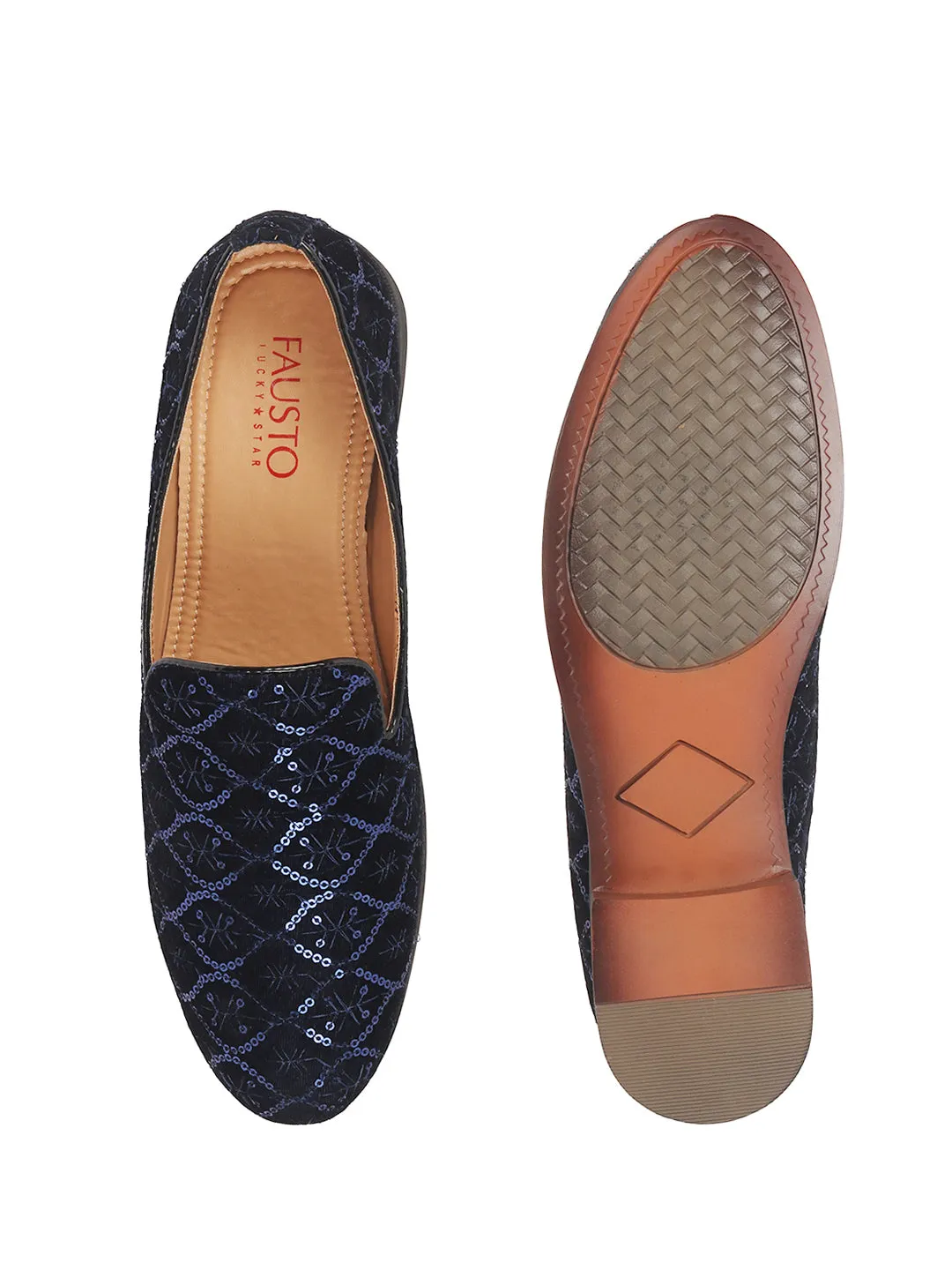 Men Blue Ethnic Velvet Sequin Embroidered Round Toe Juttis and Mojaris for Wedding|Festive Slip-On For Kurtas|Traditional Sherwani Shoes|Prom Slip On Shoes