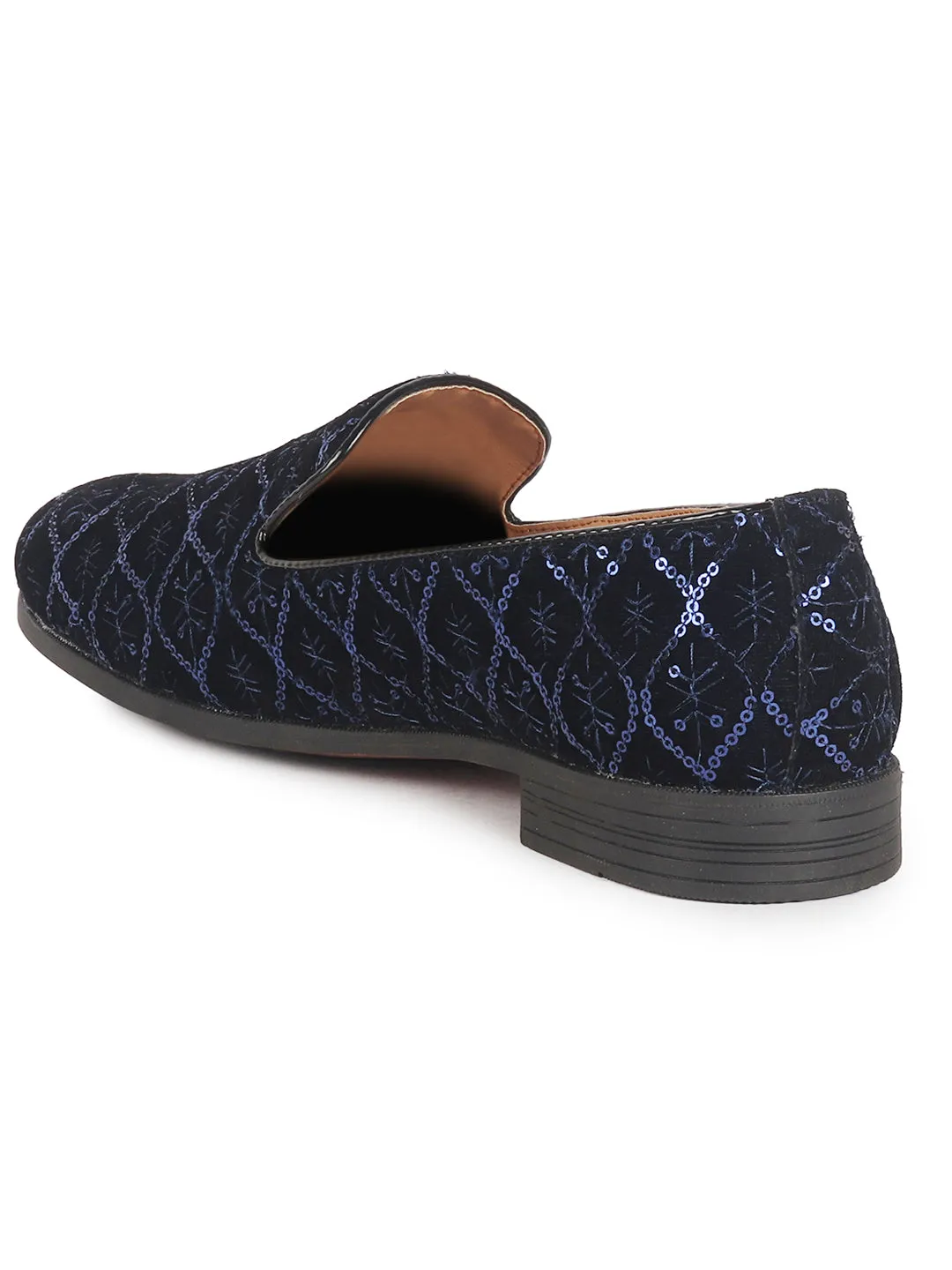 Men Blue Ethnic Velvet Sequin Embroidered Round Toe Juttis and Mojaris for Wedding|Festive Slip-On For Kurtas|Traditional Sherwani Shoes|Prom Slip On Shoes