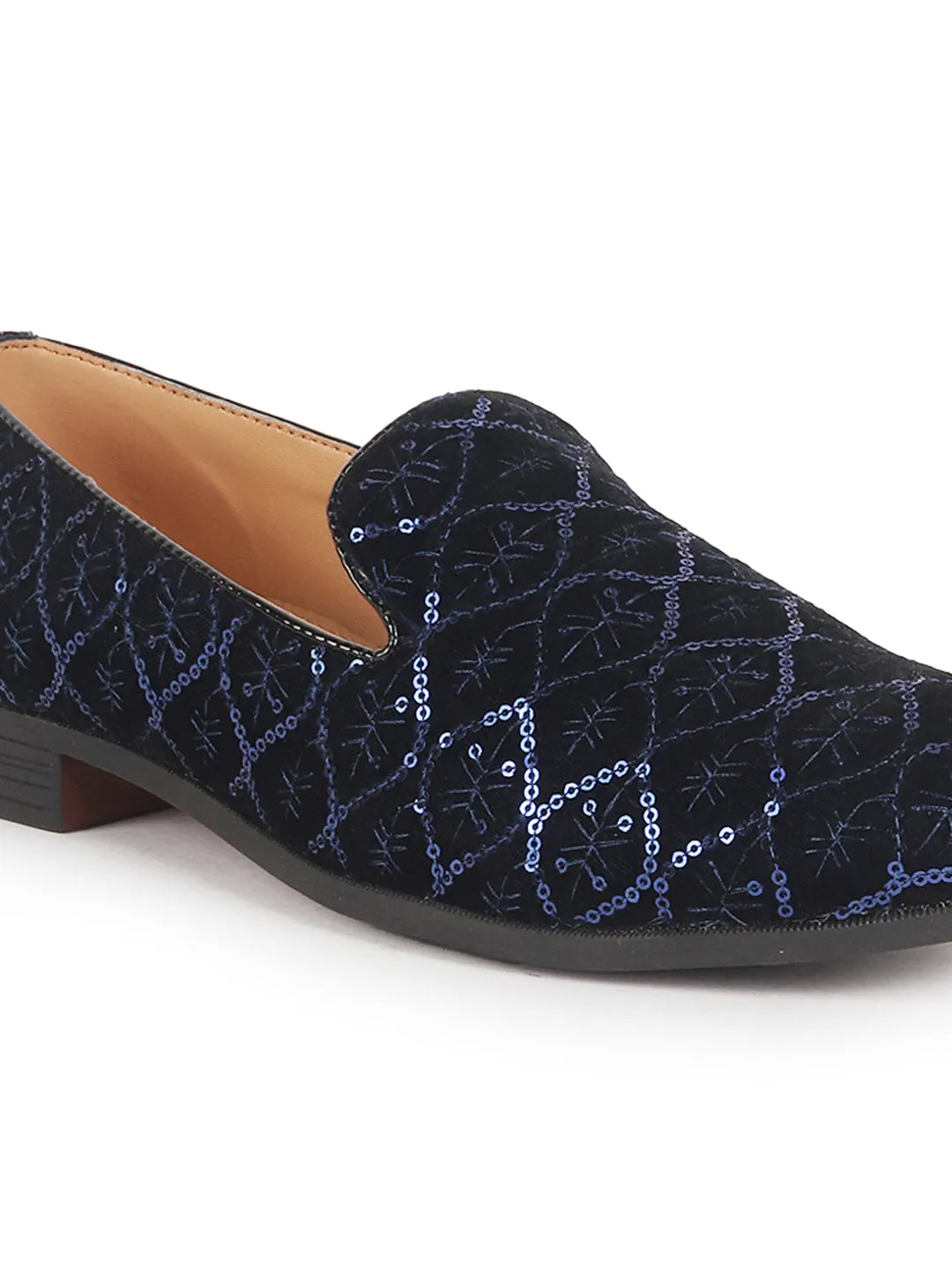 Men Blue Ethnic Velvet Sequin Embroidered Round Toe Juttis and Mojaris for Wedding|Festive Slip-On For Kurtas|Traditional Sherwani Shoes|Prom Slip On Shoes