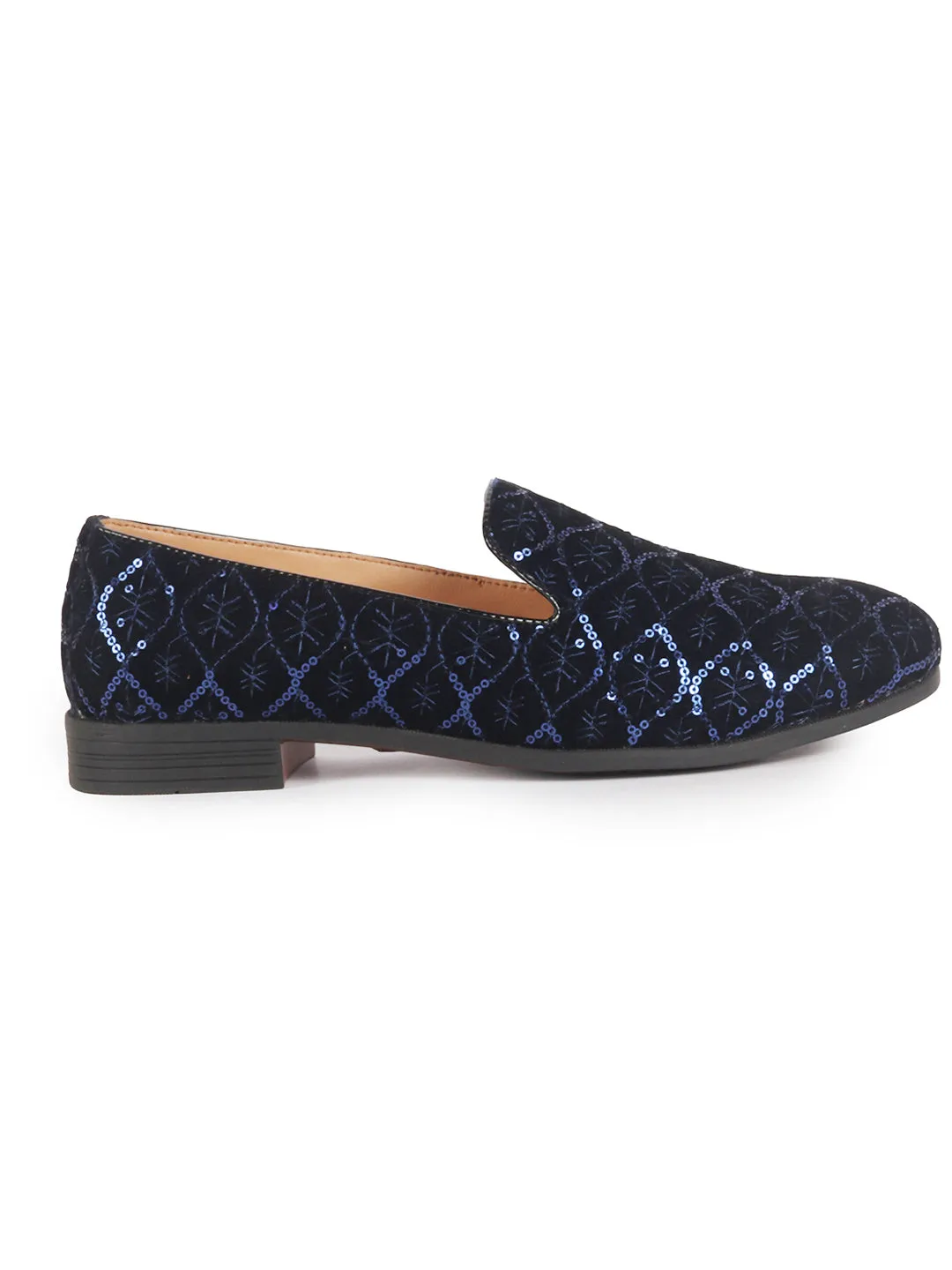 Men Blue Ethnic Velvet Sequin Embroidered Round Toe Juttis and Mojaris for Wedding|Festive Slip-On For Kurtas|Traditional Sherwani Shoes|Prom Slip On Shoes