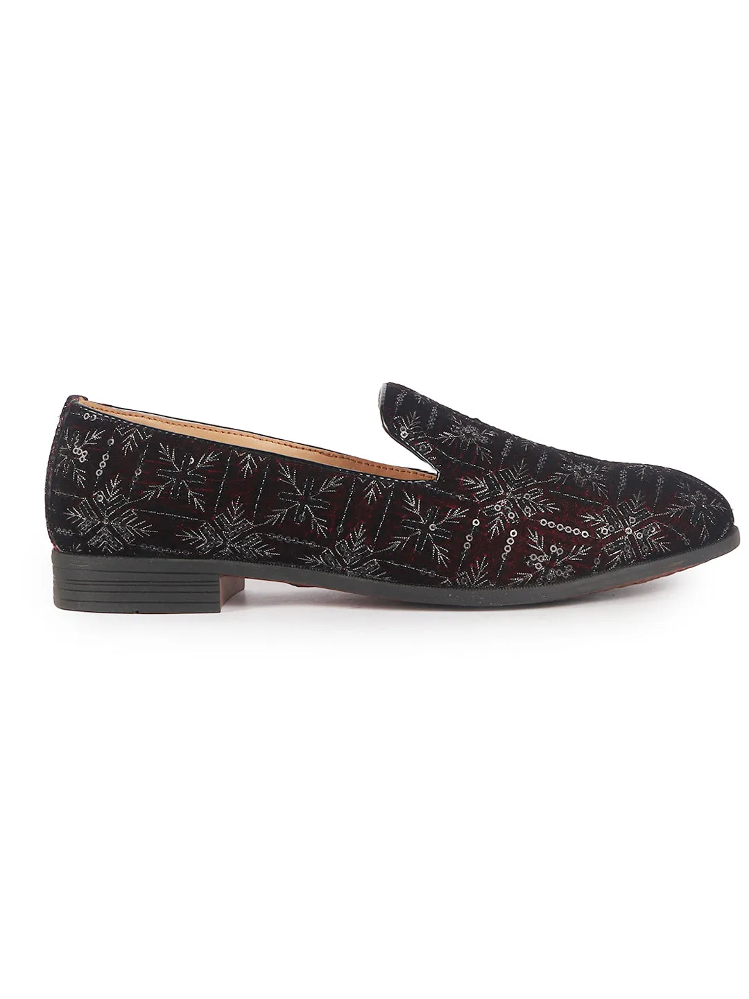 Men Cherry Ethnic Velvet Sequin Embroidered Prom Slip On Juttis and Mojaris for Wedding|Party Slip-On|Traditional Kurtas Shoes|Festive Slip On Shoes