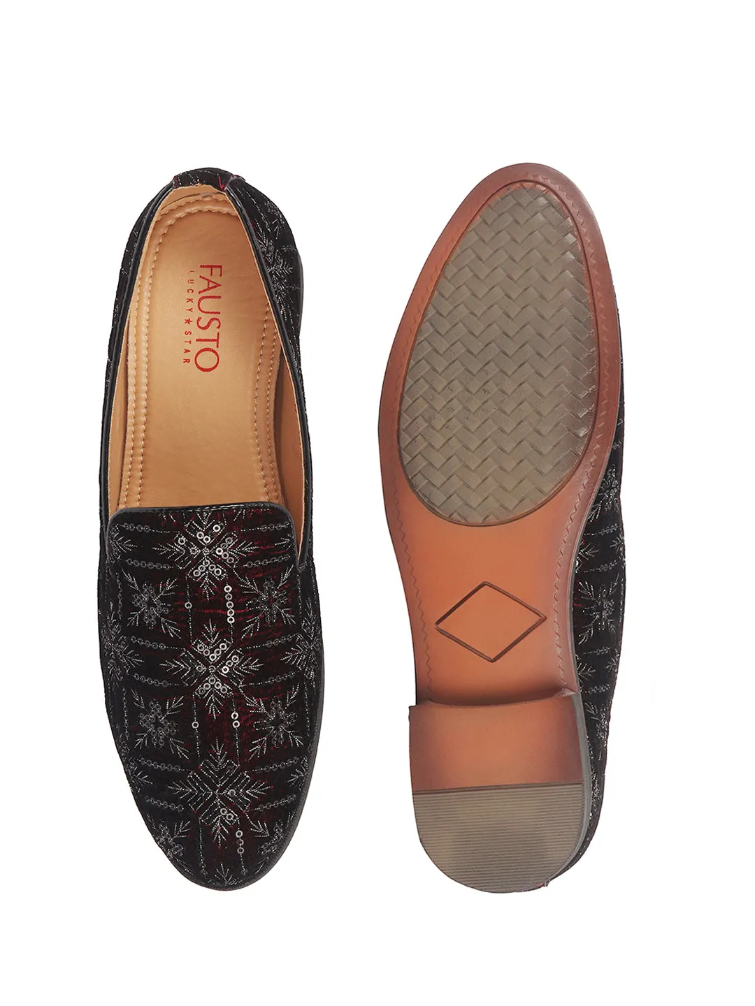 Men Cherry Ethnic Velvet Sequin Embroidered Prom Slip On Juttis and Mojaris for Wedding|Party Slip-On|Traditional Kurtas Shoes|Festive Slip On Shoes