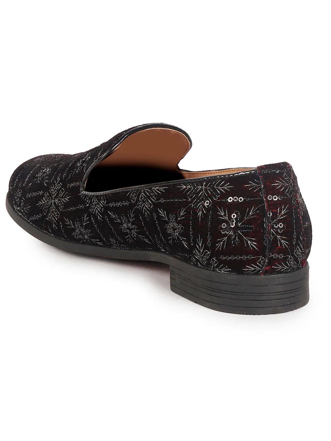 Men Cherry Ethnic Velvet Sequin Embroidered Prom Slip On Juttis and Mojaris for Wedding|Party Slip-On|Traditional Kurtas Shoes|Festive Slip On Shoes