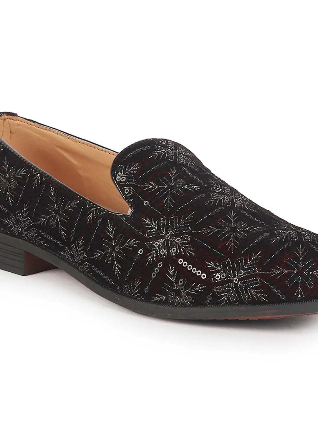 Men Cherry Ethnic Velvet Sequin Embroidered Prom Slip On Juttis and Mojaris for Wedding|Party Slip-On|Traditional Kurtas Shoes|Festive Slip On Shoes