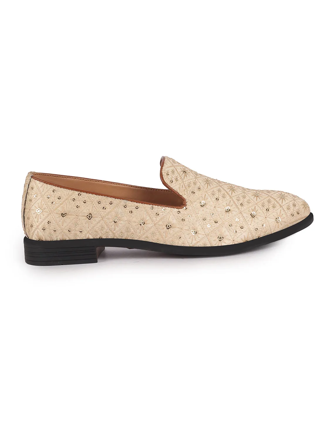 Men Cream Ethnic Velvet Sequin Embroidered Prom Slip On Juttis and Mojaris for Wedding|Party Slip-On|Traditional Kurtas Shoes|Festive Slip On Shoes