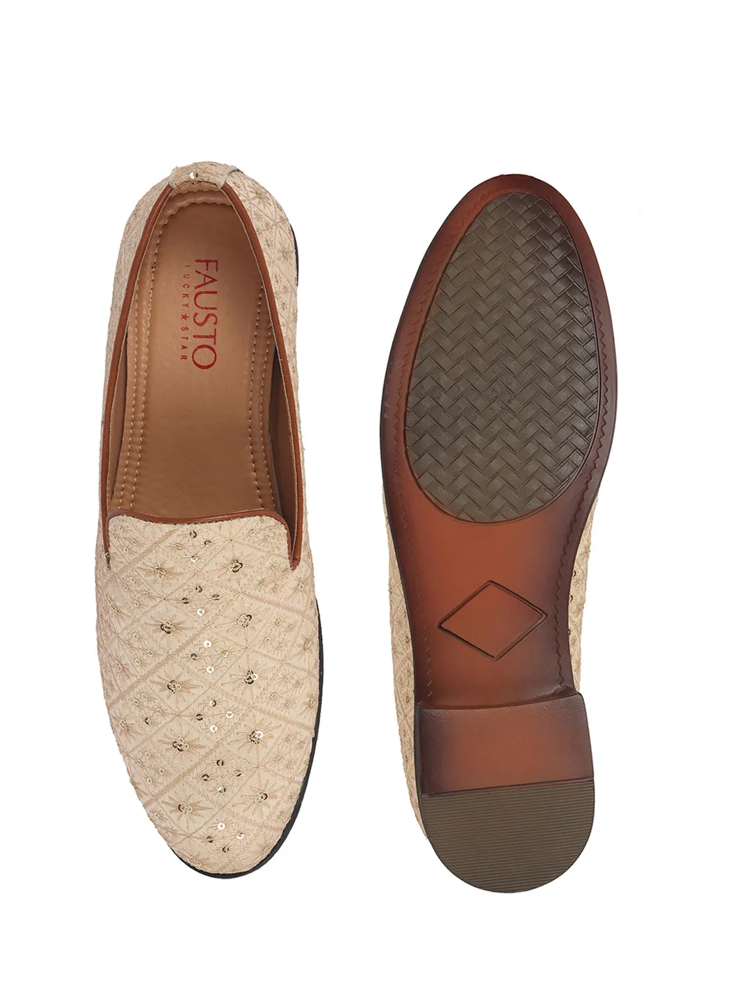 Men Cream Ethnic Velvet Sequin Embroidered Prom Slip On Juttis and Mojaris for Wedding|Party Slip-On|Traditional Kurtas Shoes|Festive Slip On Shoes
