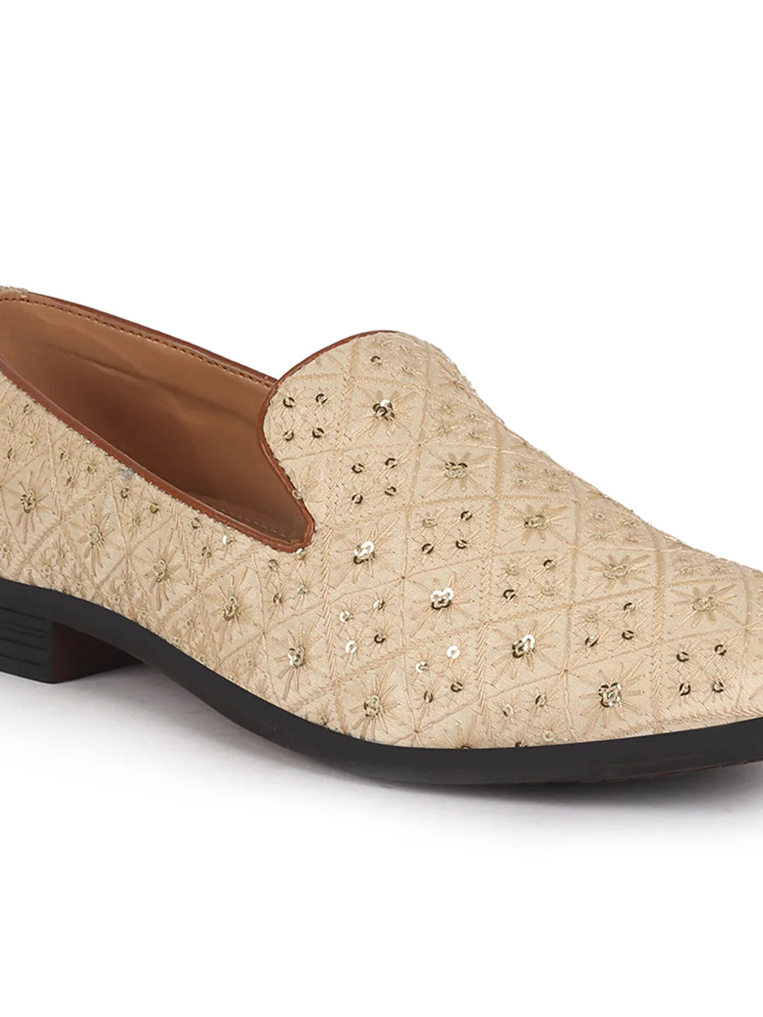 Men Cream Ethnic Velvet Sequin Embroidered Prom Slip On Juttis and Mojaris for Wedding|Party Slip-On|Traditional Kurtas Shoes|Festive Slip On Shoes