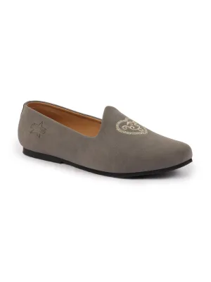 Men Grey Traditional Ethnic Embroidered Design Velvet Slip On Juttis & Mojaris For Party|Wedding|Festival