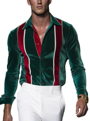 Men's Contrast Stripe Velvet Long Sleeve Shirt