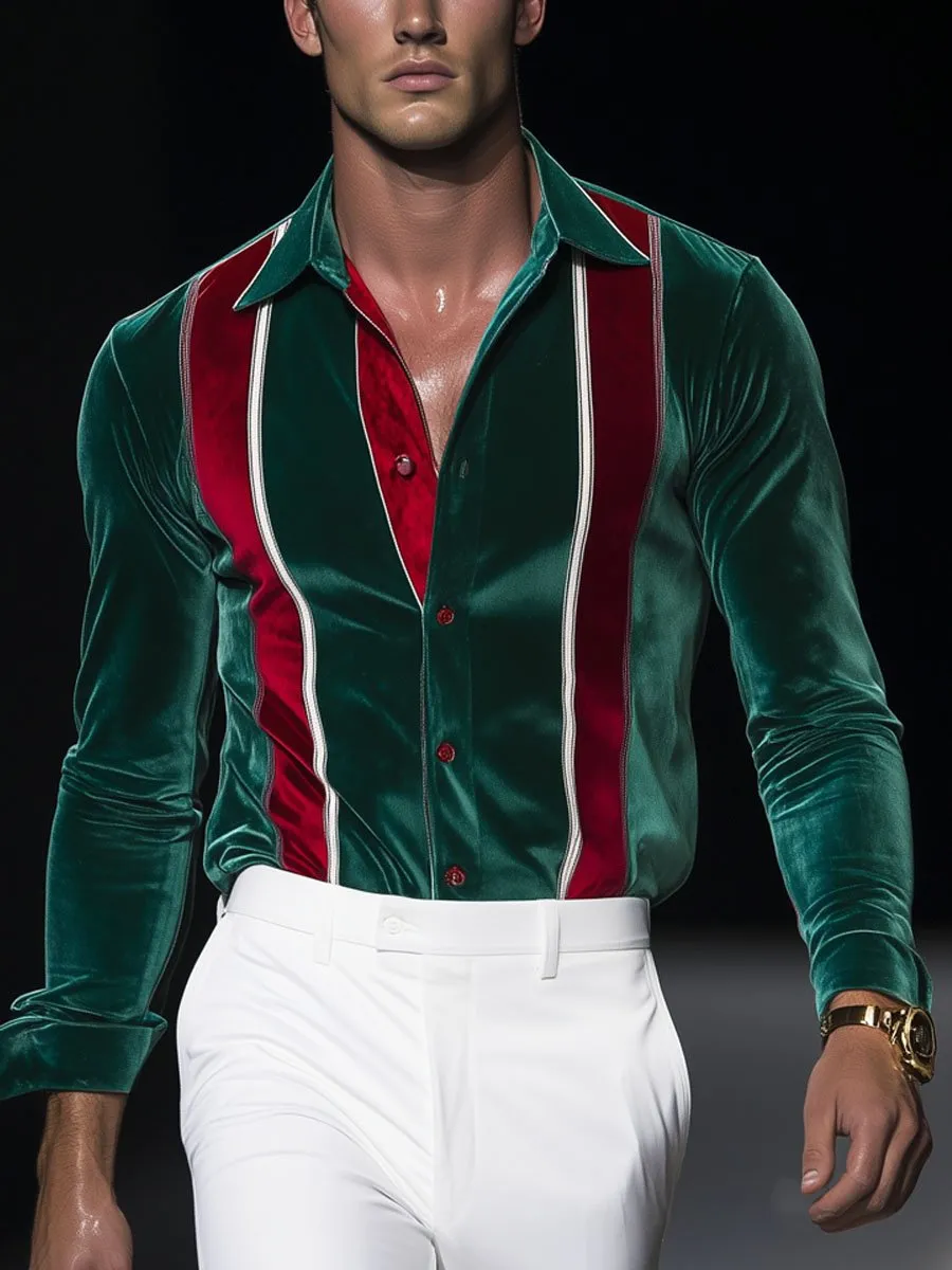 Men's Contrast Stripe Velvet Long Sleeve Shirt