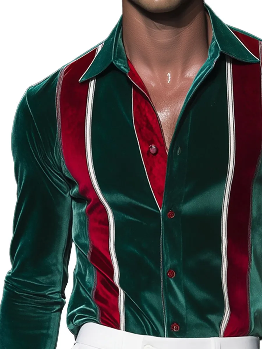 Men's Contrast Stripe Velvet Long Sleeve Shirt