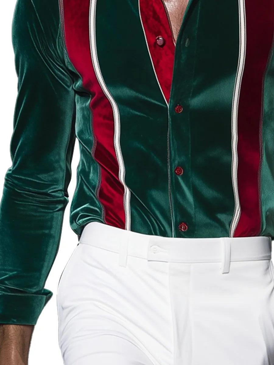 Men's Contrast Stripe Velvet Long Sleeve Shirt