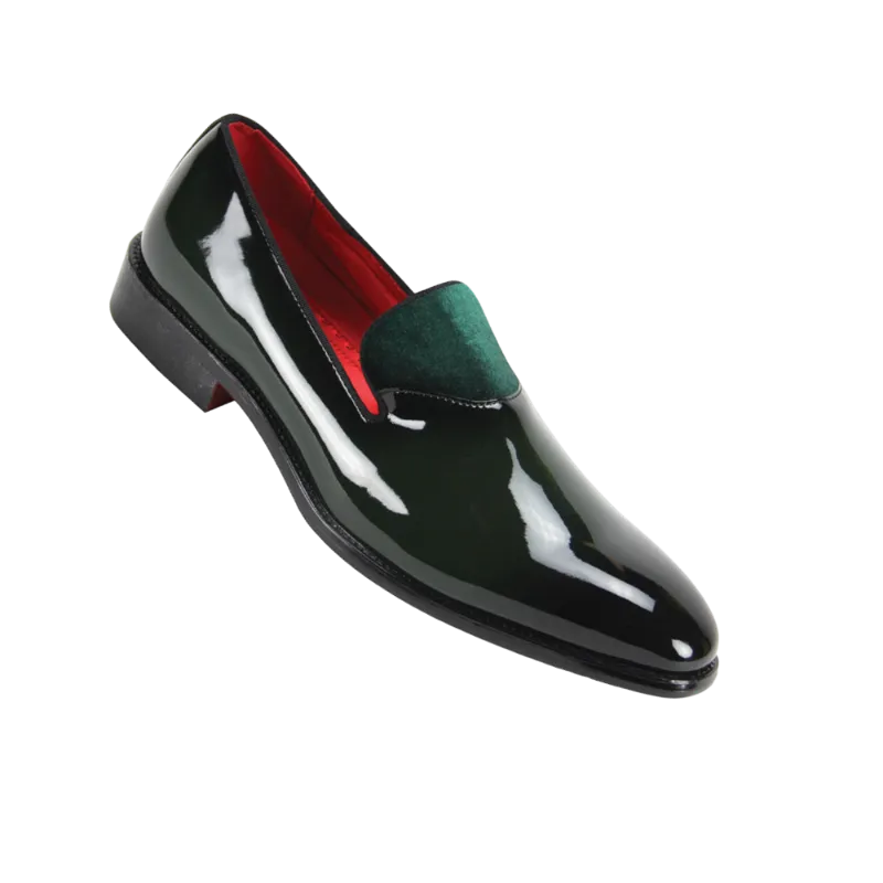 Men's green smokers patent leather shoes with velvet