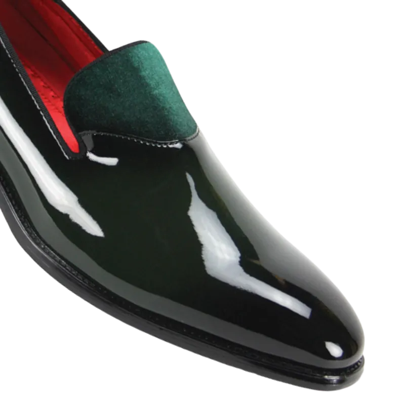 Men's green smokers patent leather shoes with velvet